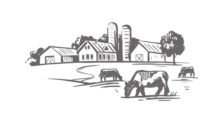 Vector cow stands in a village next to houses