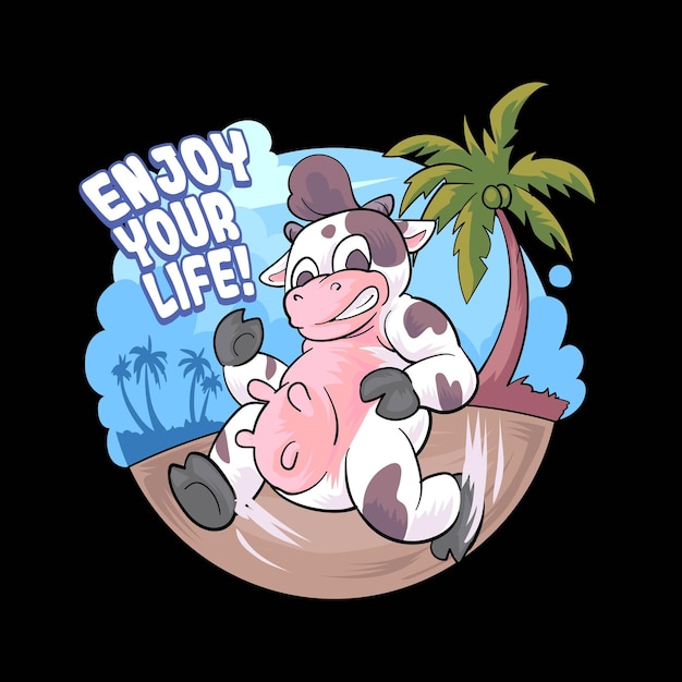 Vector cow summer holiday on beach illustration premium vector