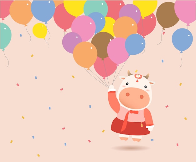 A cow that came down in a balloon to celebrate the New Year illustration set birthday holiday