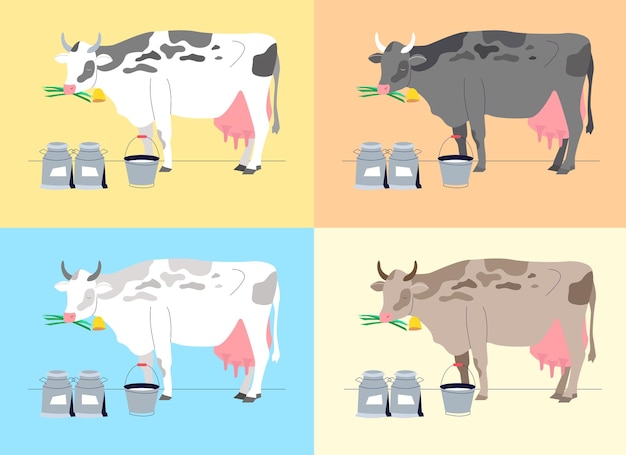 Cow vector with milk jugs cow illustration eating grass cow cartoon collection vol. 1