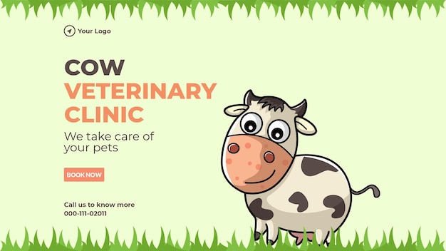 Cow veterinary clinic landscape banner design template