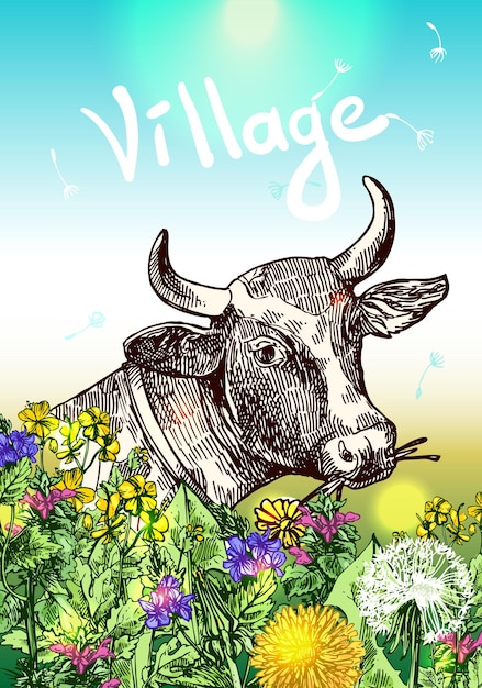 Vector cow and wildflowers