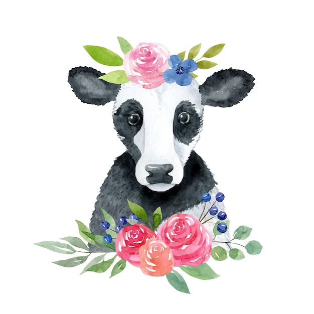 Cow with flowers roses berries  watercolor vector illustration isolated on white background