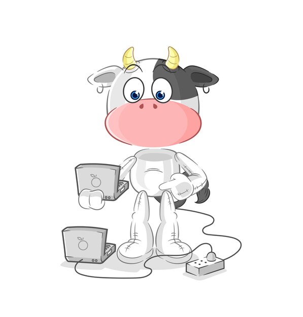 Cow with laptop mascot cartoon vector