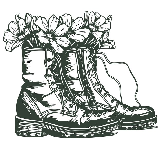 Cowboy boot with Flowers isolated on a white background Sketch hand drawn vector closeup illustration for design