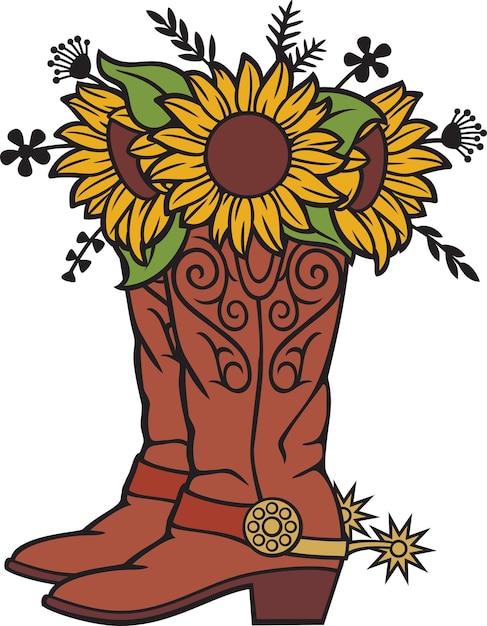 Vector cowboy boots with sunflowers and plant