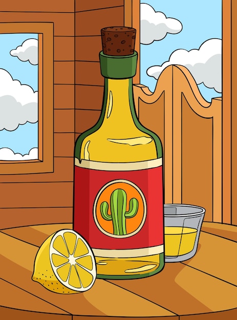 Vettore bottiglia di tequila da cowboy e cartone animato color limone