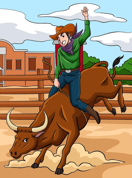 Vector cowboy bull rider colored cartoon illustration