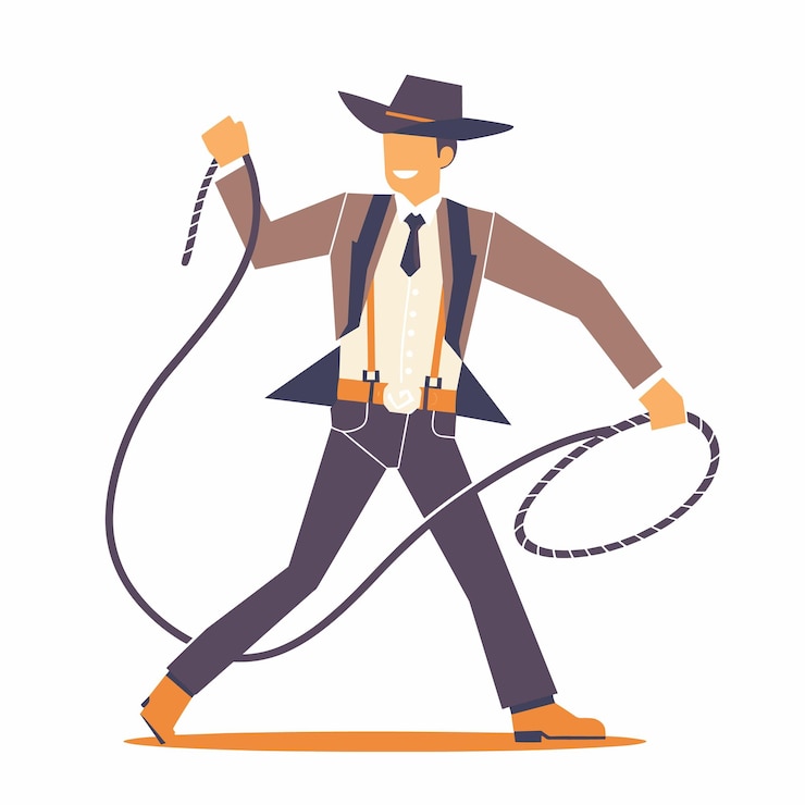 Vector cowboy character swinging lasso dressed western attire against plain background male figure