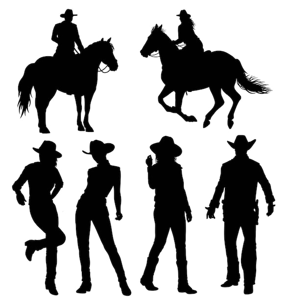 Vector cowboy and cowgirl action pose silhouette