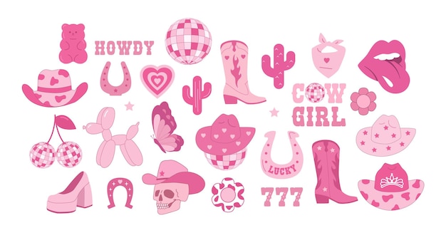 Vettore cowboy e cowgirl icone rosa set cowboy cappello disco ballo stivali cactus fortunato y2k rosa core vect