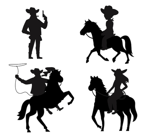 Cowboy en cowgirl rijpaard karakters silhouetten premium vectorsjablonen