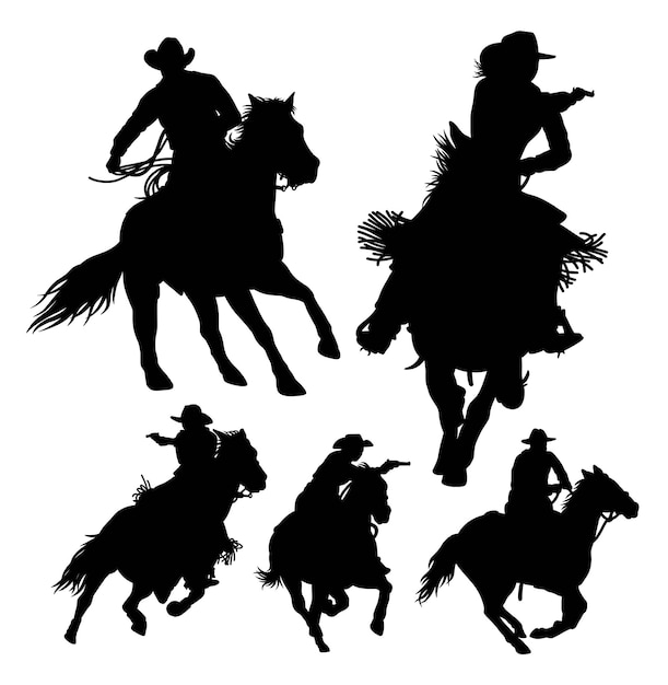 Vector cowboy en veedrijfster die een paardsilhouet berijden