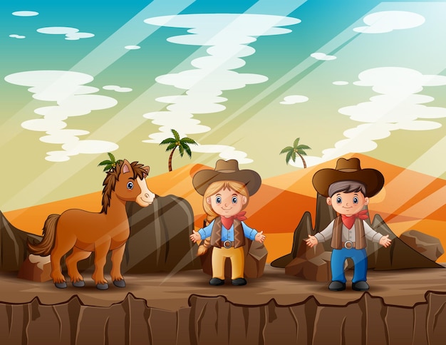 Cowboy en veedrijfster met een paard in de woestijnillustratie