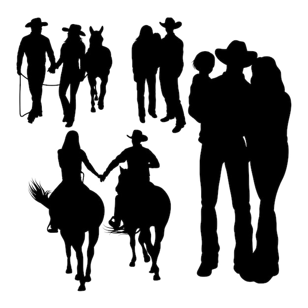 Vector cowboy family silhouettes