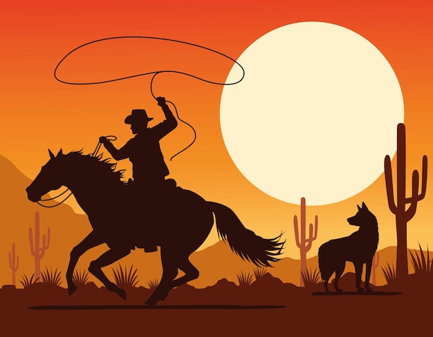 Фигура ковбоя в конном лассо и собака в пустынном пейзаже