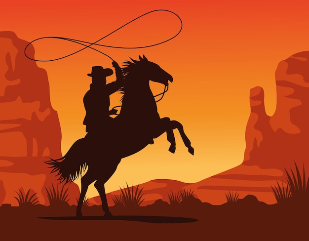 Cowboy figura silhouette in cavallo lazo tramonto scena lansdscape