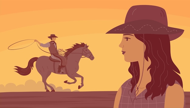 Vector cowboy girl and man in a hat rides a horse