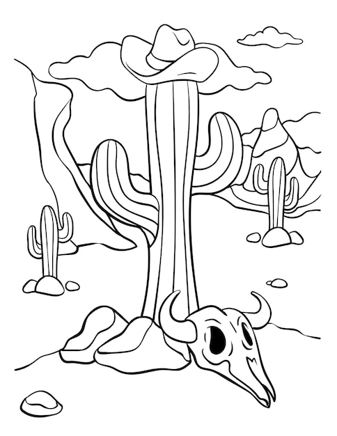 Vector cowboy hat cactus and bull skull coloring page