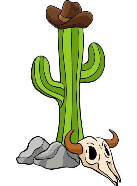 Cowboy hat cactus en bull skull cartoon clipart