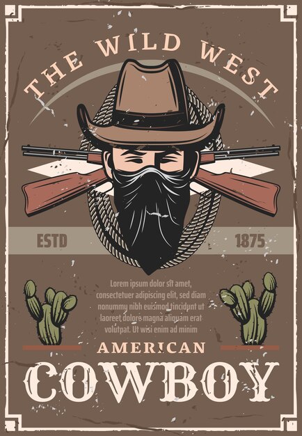 Vector cowboy in hat from american wild west retro poster