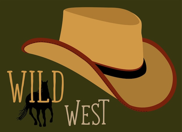 Vector cowboy hat. head accessory with lettering and silhouette of horse on dark green background.