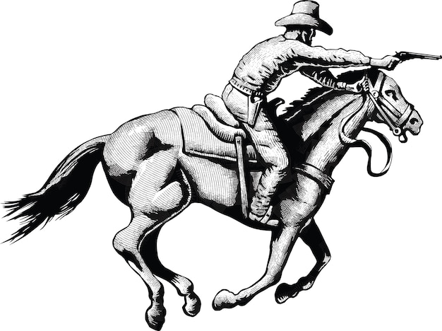 Vettore cowboy con un cappello su un cavallo che spara da un revolver