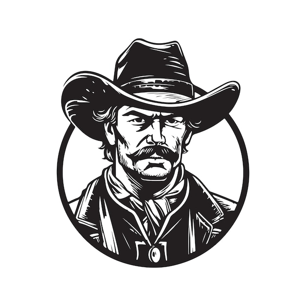 Illustrazione disegnata a mano di colore bianco e nero di concetto di logo del cappello da cowboy