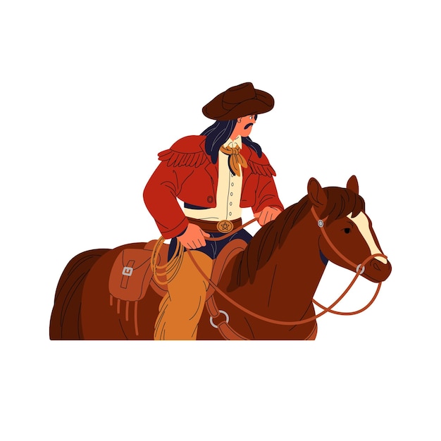 Cowboy in hat rides horseback western horseman holds snaffle rider walking by horse american wild west equestrian sits in saddle looks back flat isolated vector illustration on white background