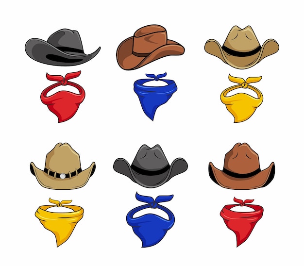 cowboy hat and scarf cartoon set