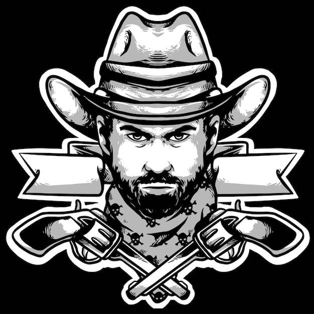 Vector cowboy head with hat and guns