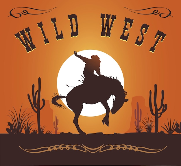 Vector cowboy on a horse on the background of the setting sun wild west