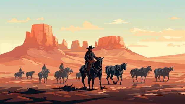 Vettore un cowboy su un cavallo nel deserto
