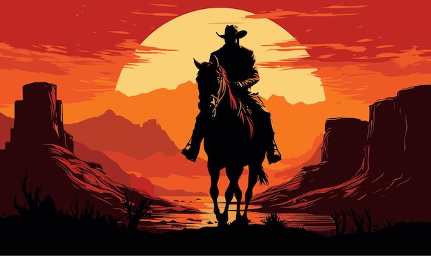Vettore cowboy su un'illustrazione di vettore di progettazione occidentale del rodeo della siluetta del cavallo