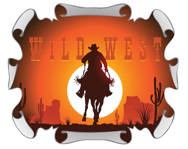 Vettore cowboy su un cavallo su una priorità bassa di tramonto