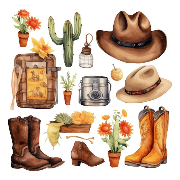 Vector cowboy household items watercolor clipart for design and scrapbooking