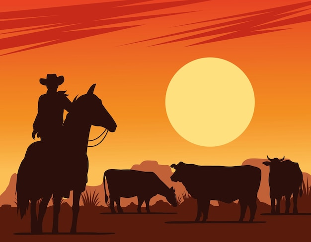 Vector cowboy in paard en koeien in de scène van de woestijnzonsondergang
