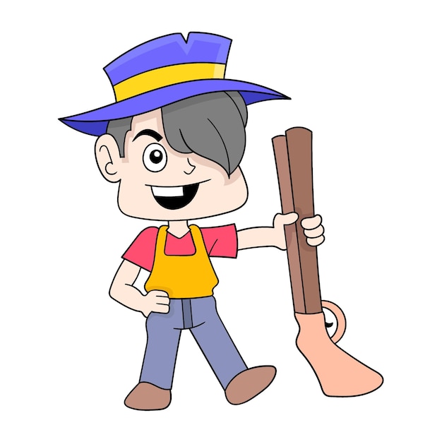 Cowboy kid holding a shotgun doodle icon image kawaii