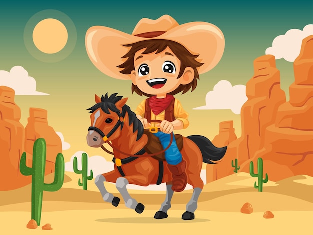 Un bambino cowboy a cavallo con sfondo deserto occidentale