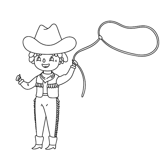 Vector cowboy kid twirling een lasso vector schets illustratie voor kinderen kleurplaat