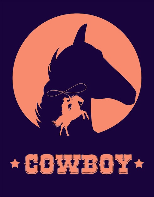 Cowboy lettering in wild west poster with cowboy lassoing and horse head