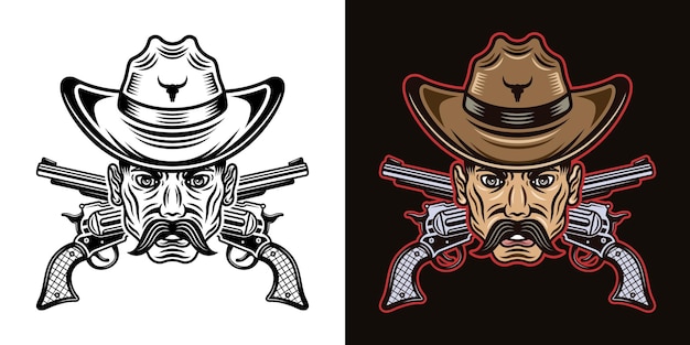 Cowboy man head with mustache and crossed guns vector illustration in two styles black on white and colorful on dark background