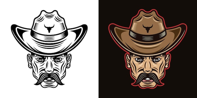 Cowboy man head with mustache in hat in two styles black on white and colored on dark background vector illustration