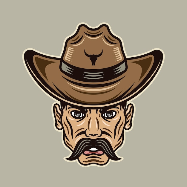 Cowboy man head with mustache in hat vector illustration in colored cartoon style on light background