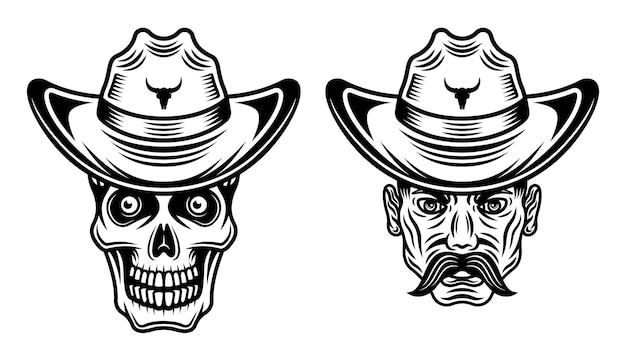 Cowboy man head with mustache and skull in hat vector illustration in vintage monochrome style isolated on white background