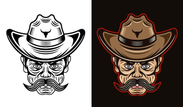 Cowboy man hoofd met snor in hoed in twee stijlen zwart op wit en gekleurd op donkere achtergrond vectorillustratie