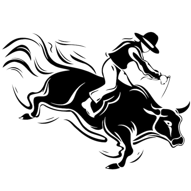 Vector cowboy man riding a bull at a rodeo bull riding black and white silhouette