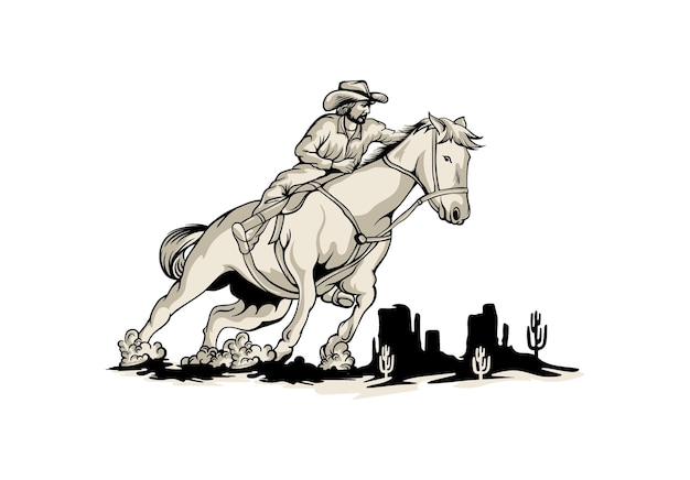 Vector cowboy met een paard in de woestijn illustratie