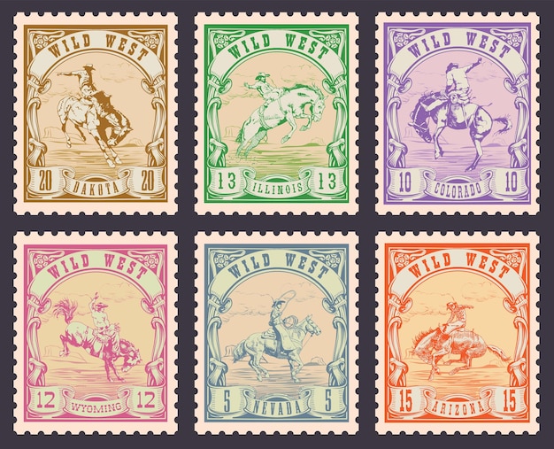 Вектор Ковбой на лошади в виде печати почтовой марки на бумаге и футболке