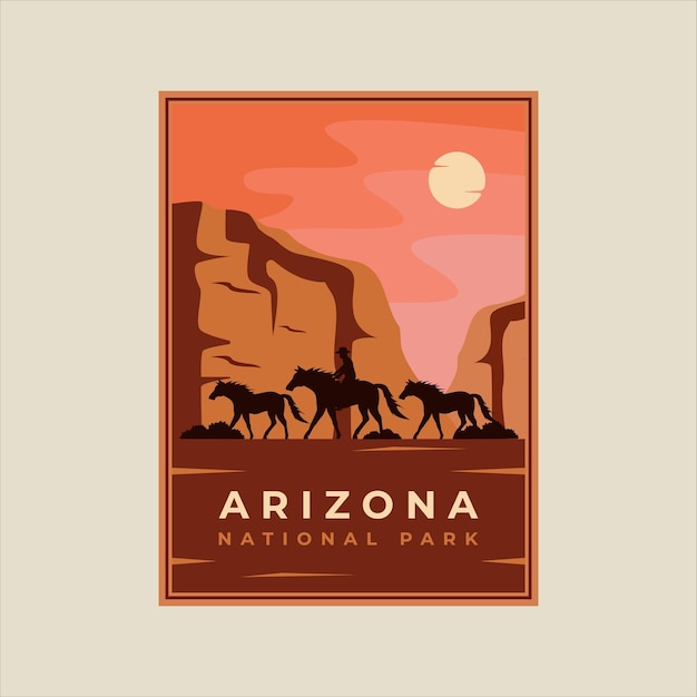 Cowboy op paard minimalistische vintage poster illustratie sjabloon grafisch ontwerp arizona nationaal park met bergen en woestijn concept voor reizen of toerisme business